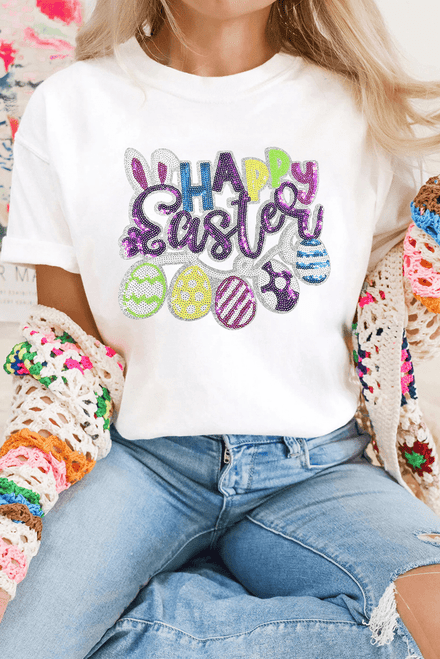 White Happy Easter Sequin Patched Casual Tee