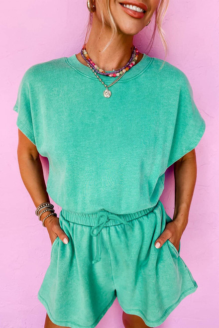 Sea Green Mineral Wash Drawstring Waist Hollow Out Back Short Sleeve Romper Sea Green Mineral Wash Drawstring Waist Hollow Out Back Short Sleeve Romper