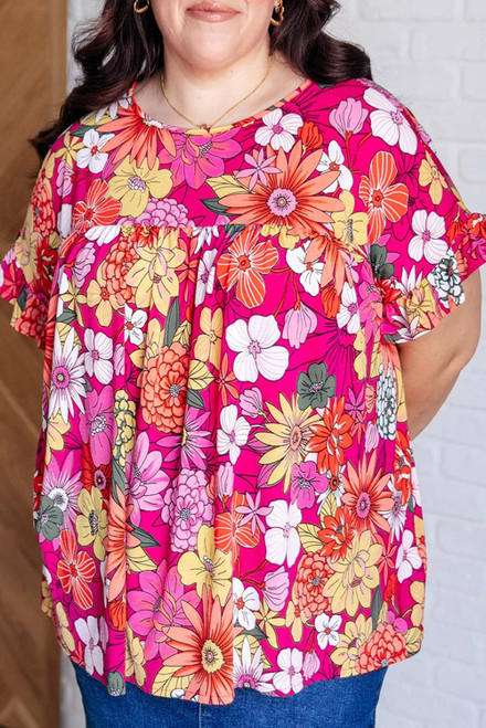 Rose Plus Size Floral Print Ruffle Short Sleeve Blouse Rose Plus Size Floral Print Ruffle Short Sleeve Blouse