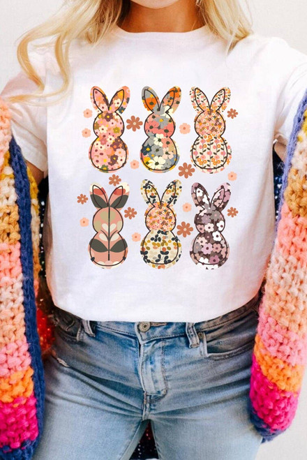 White Floral Bunny Graphic Crewneck Easter Fashion Tee