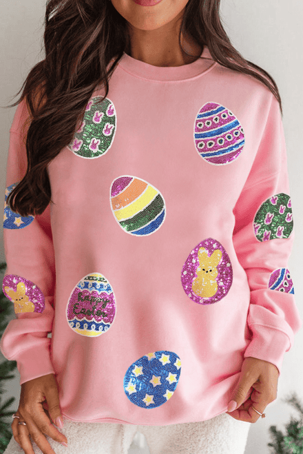 Pink Sequined Easter Egg Patched Pullover Sweatshirt