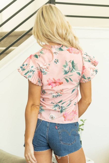 Pink Floral Print Frilled V Neck Pleated Sleeve Blouse Pink Floral Print Frilled V Neck Pleated Sleeve Blouse