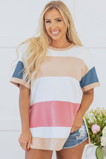 Multicolour Colorblock Patchwork Side Split Tunic T Shirt