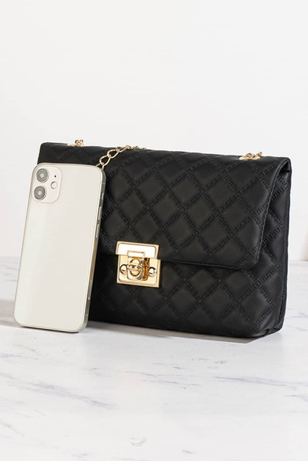 Black Textured PU Leather Gold Chain Buckle Single Shoulder Bag