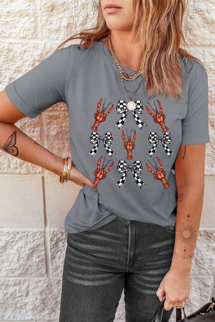 Gray Checkered Bow Crawfish Printed Summer Tee Gray Checkered Bow Crawfish Printed Summer Tee