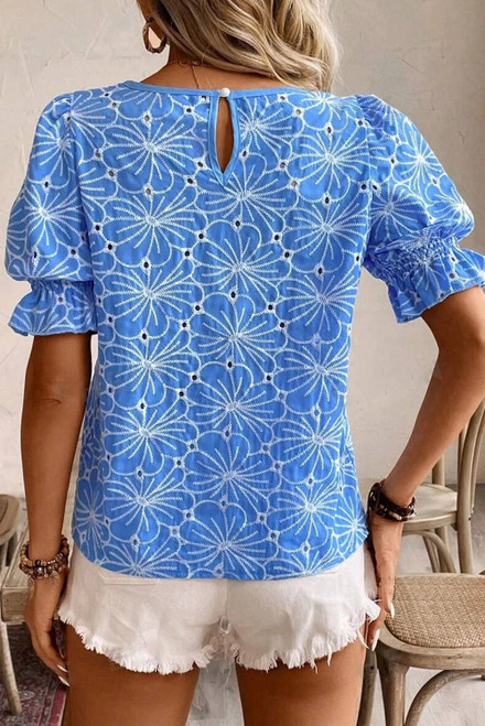 Sky Blue Eyelet Flower Embroidery Frilled Short Puff Sleeve Blouse