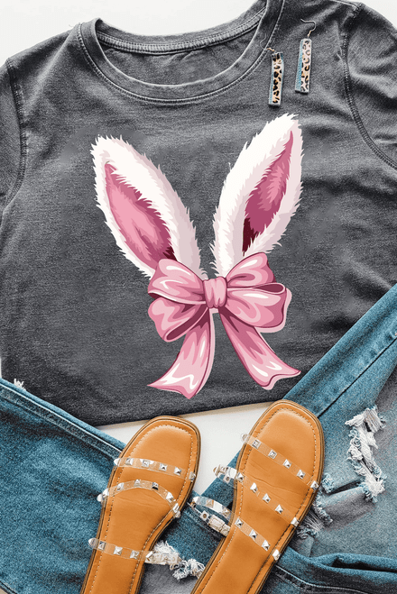 Gray Bunny Ear Bow Printed Easter Fashion T Shirt