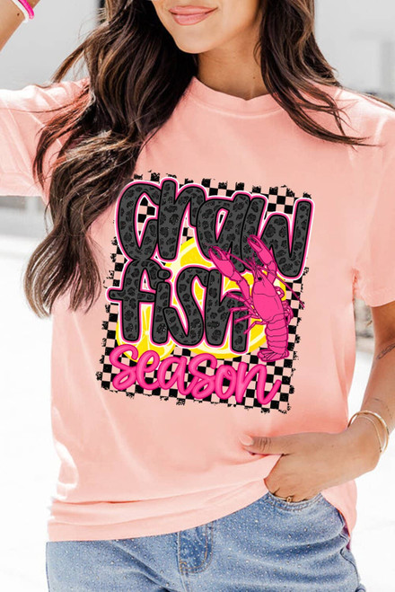 Pink Crawfish Season Graphic Casual Tee Pink Crawfish Season Graphic Casual Tee