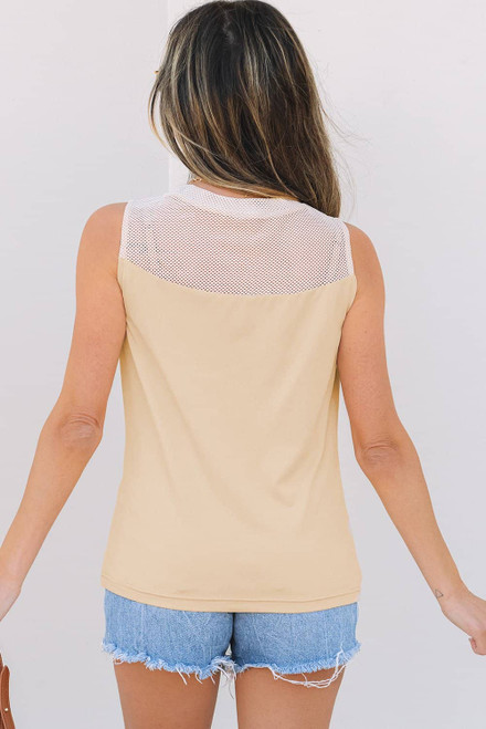Oatmeal Solid Mesh Patchwork Crew Neck Tank Top