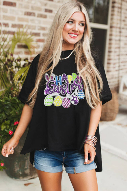 Black Happy Easter Sequin Graphic Dropped Shoulder T Shirt