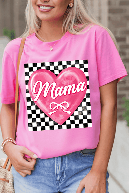 Sachet Pink Checkered Heart Pattern mama Bow Graphic Tee Sachet Pink Checkered Heart Pattern mama Bow Graphic Tee