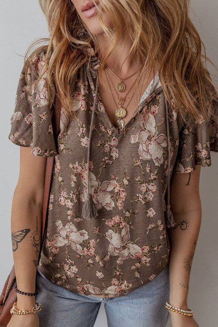 Khaki Retro Floral Print Tassel Tie Split Neck Short Sleeve Blouse Khaki Retro Floral Print Tassel Tie Split Neck Short Sleeve Blouse