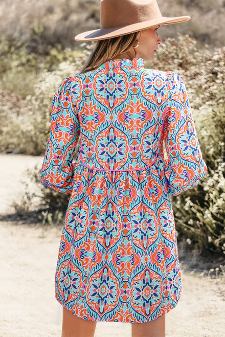 Sky Blue Abstract Printed Long Sleeve Tied Neckline Mini Dress