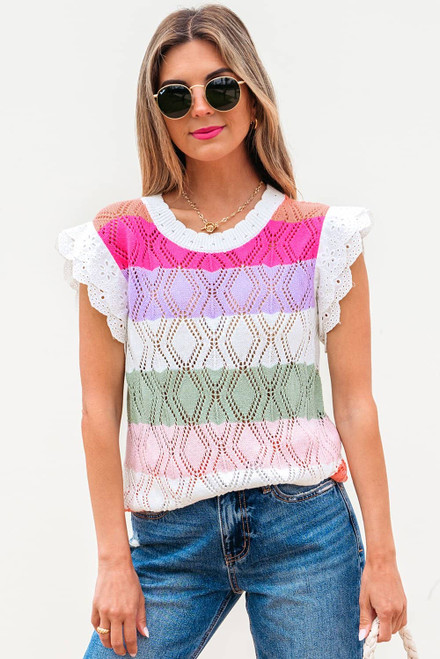 Rose Stripe Colorblock Hollowed Knit Scallop Edge Sweater Vest