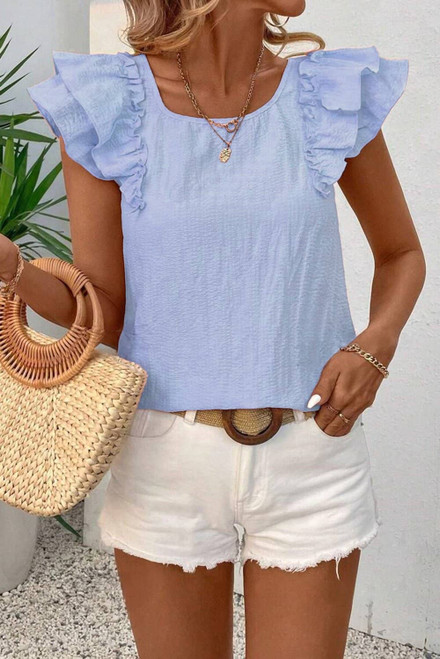 Beau Blue Textured Bow Knot Frilled Butterfly Sleeve Blouse