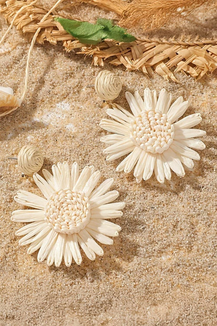 White Boho Raffia Crochet Sunflower Dangle Earrings