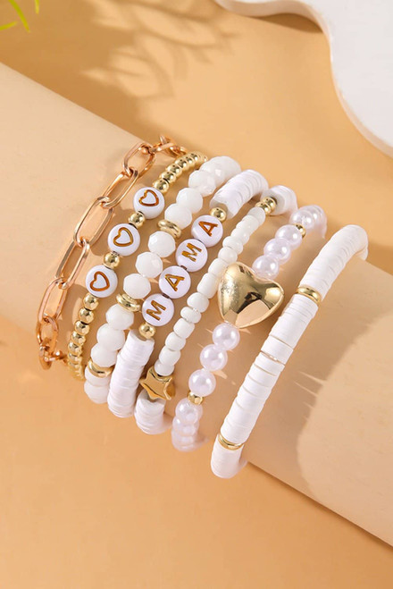 White MAMA Heart Pearl Beaded Chain Multi Layer Bracelet White MAMA Heart Pearl Beaded Chain Multi Layer Bracelet