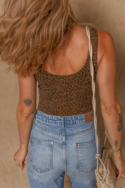 Brown Leopard Printed Sleeveless Scoop Neck Bodysuit Brown Leopard Printed Sleeveless Scoop Neck Bodysuit