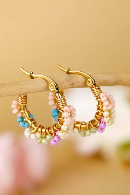 Gold Beaded Flower Hoop Alloy Earrings