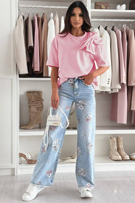 Pink Bow Applique Half Sleeve T-shirt