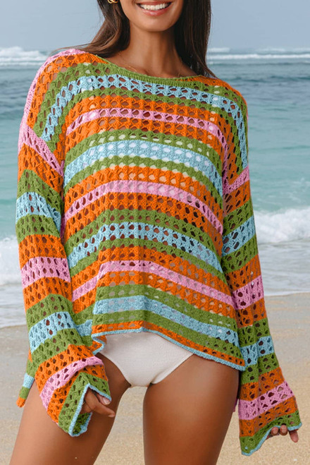 Carrot Multi Stripe Open Knit Sweater Beach Cover Up