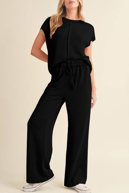 Black Solid Color Corded Short Sleeve Top and Casual Pants Set Black Solid Color Corded Short Sleeve Top and Casual Pants Set
