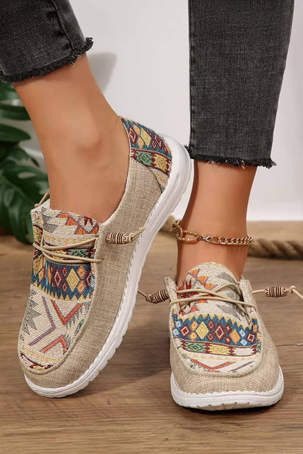 Beige Geometric Lace-up Decor Slip On Shoes
