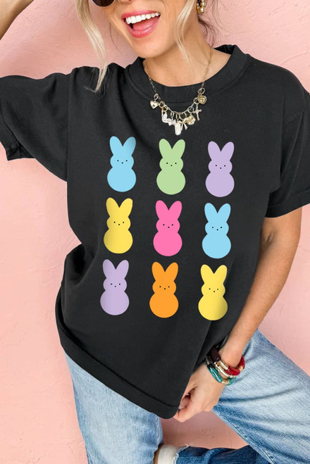 Black Easter Rabbit Print Crew Neck T Shirt
