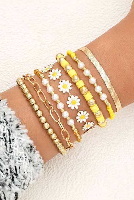 Gold Daisy Beaded Chain Adjustable Multi Layer Bracelet Set Gold Daisy Beaded Chain Adjustable Multi Layer Bracelet Set