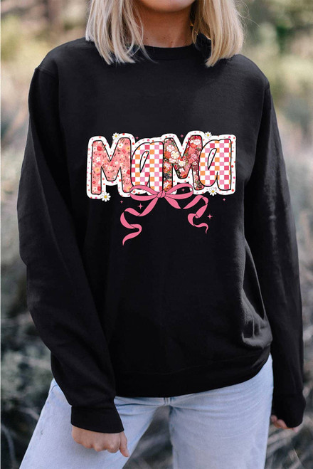Black Floral Checkered Bow Printed Pullover Sweatshirt