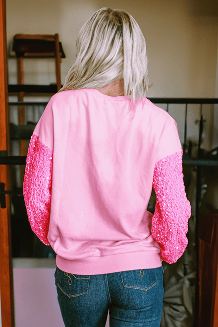 Pink Easter Egg Patched Sequin Sleeve Patchwork Crewneck Pullover Top