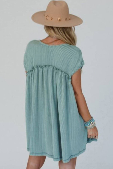 Canton Corded Knit Textured Patched Pocket Frilled Swing Mini Dress with Pockets