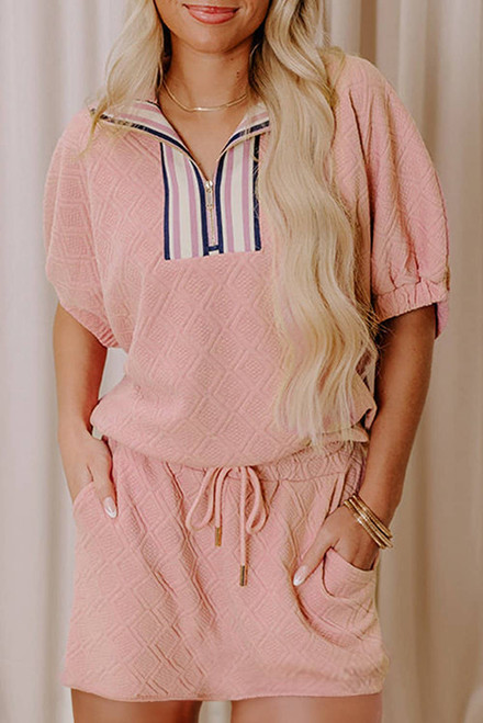 Light Pink Striped Collared Zip up Textured Skirt Set
