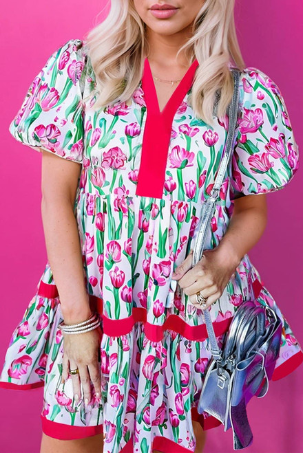 Pink Floral Print Contrast Trim V Neck Bubble Short Sleeve Babydoll Dress Pink Floral Print Contrast Trim V Neck Bubble Short Sleeve Babydoll Dress