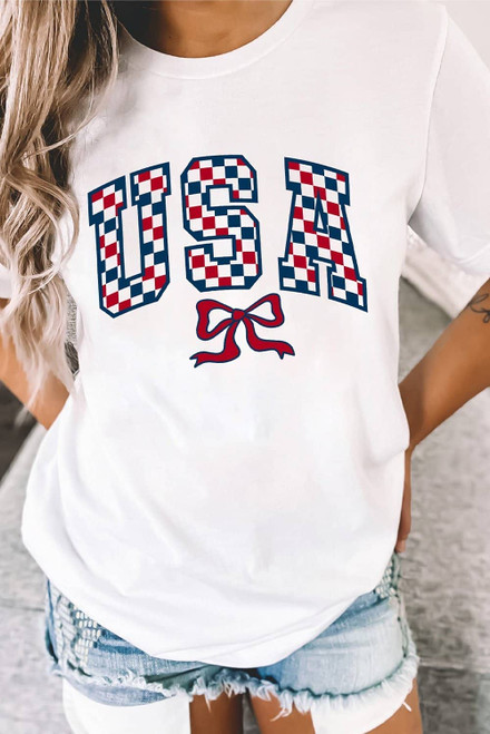 White Checkered USA Graphic Casual Tee