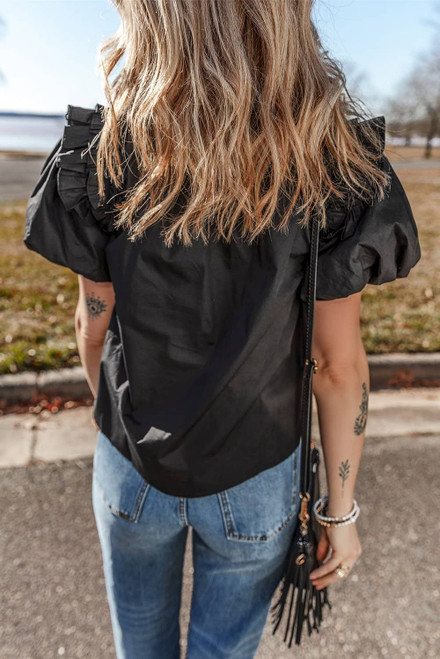 Black Ruffled Puff Short Sleeve Loose Blouse Black Ruffled Puff Short Sleeve Loose Blouse