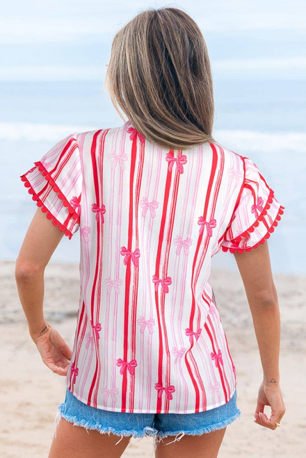 Pink Ric-rac Trim Ruffled Sleeve V Neck Bow Striped Printed Blouse Pink Ric-rac Trim Ruffled Sleeve V Neck Bow Striped Printed Blouse