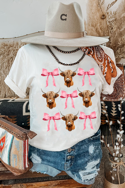 White Coquette Highland Cow Png Bows Graphic Tee