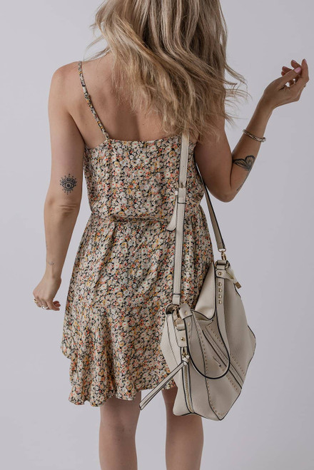 Khaki Boho Floral Printed Tie Waist Flared Sundress