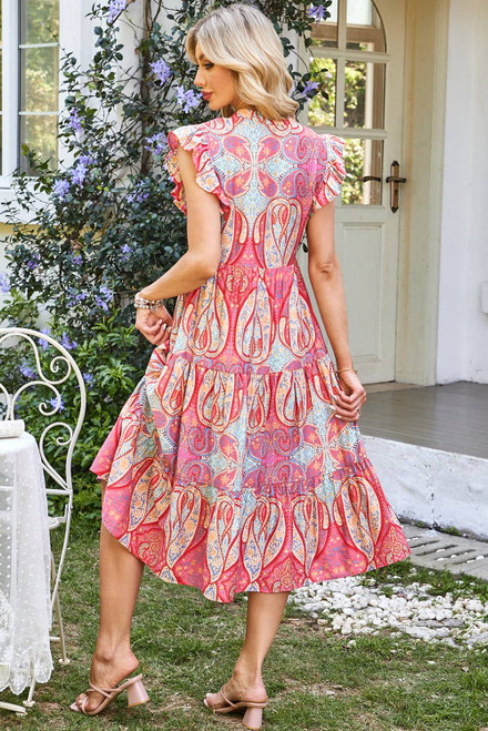 Rose Tribal Paisley Print Ruffled Sleeve Notch Neck Midi Dress