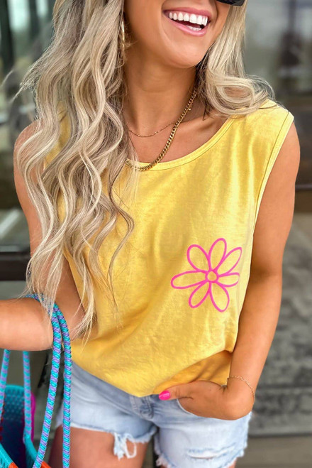 Yellow Cream Flower Graphic Casual Tank Top Yellow Cream Flower Graphic Casual Tank Top