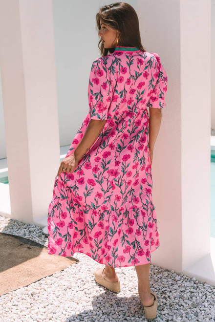 Pink Floral Contrast Neckline A-line Puff Sleeve Long Dress