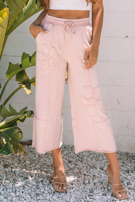 Pink Flower Patch Mineral Washed Terry Knit Cropped Wide Leg Pants Pink Flower Patch Mineral Washed Terry Knit Cropped Wide Leg Pants