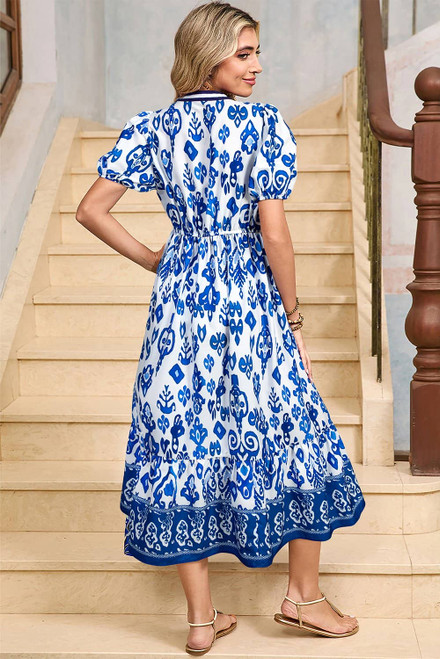 Blue Floral Puff Short Sleeve V Neck High Waist Maxi Dress Blue Floral Puff Short Sleeve V Neck High Waist Maxi Dress