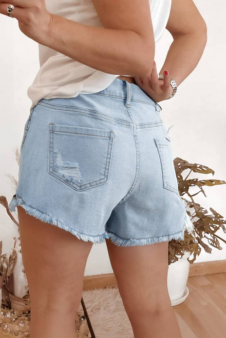 Beau Blue High Rise Distressed Raw Hem Denim Shorts