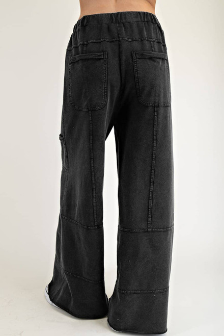 Black Mineral Wash Exposed Seam Drawstring High Waist Wide Leg Cargo Pants Black Mineral Wash Exposed Seam Drawstring High Waist Wide Leg Cargo Pants