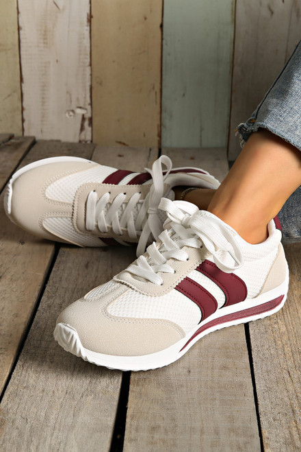 White Color Block Patchwork Breathable Lace-up Sneakers