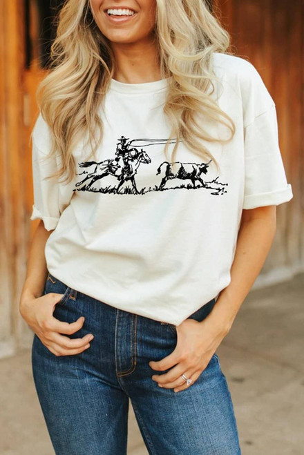White Western Rodeo Graphic Casual T Shirt