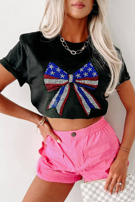Black Rhinestone Stars and Stripes Bow Graphic Independence Day T Shirt Black Rhinestone Stars and Stripes Bow Graphic Independence Day T Shirt
