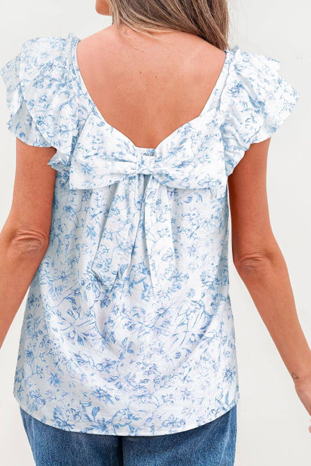 Sky Blue Floral Ruffled Short Sleeve Bow Back Square Neck Blouse Sky Blue Floral Ruffled Short Sleeve Bow Back Square Neck Blouse
